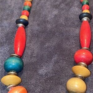 Vintage Chunky Wooden Bead Necklace Multicolor Boho Tribal Style 18” 70s